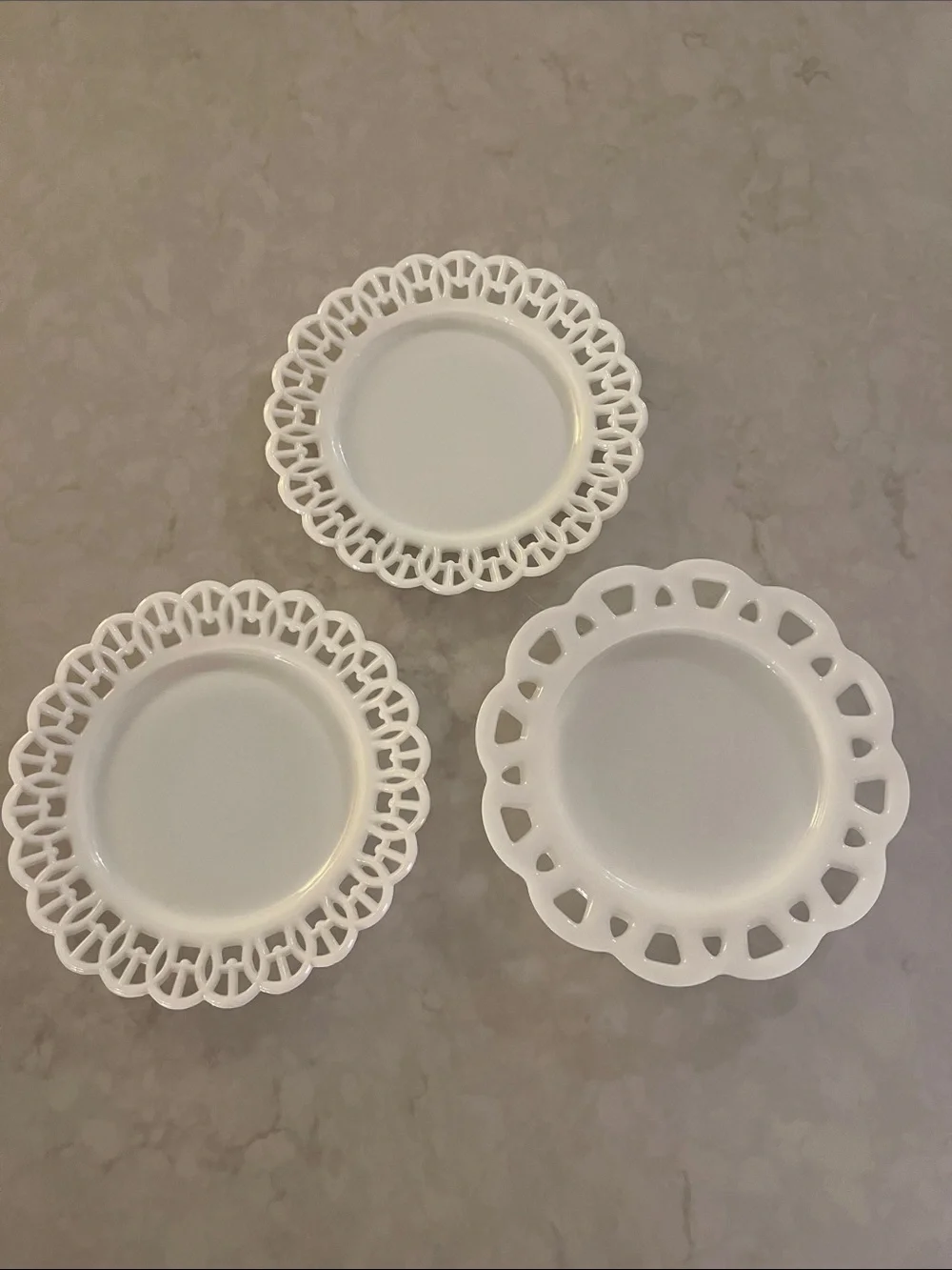 Lot of 3 Vintage White Milk Glass Dessert Plates w/ Scalloped cut out edge